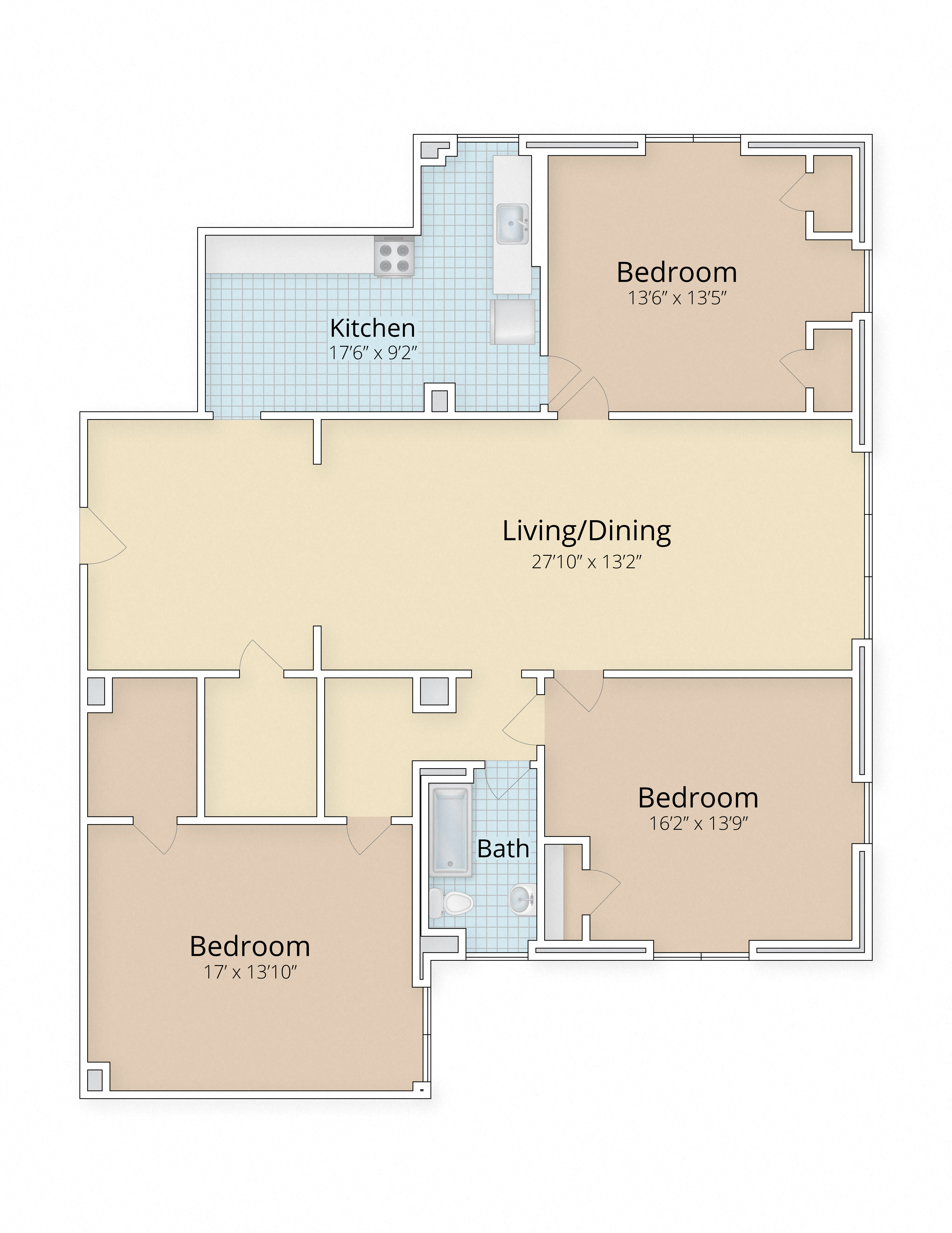 Floor plan for 3 beds, 1 bath, 1840 sqft